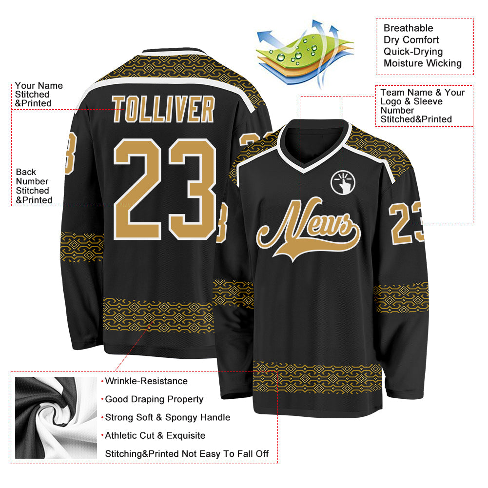Custom Black Old Gold-White Plaid Hockey Jersey view 5