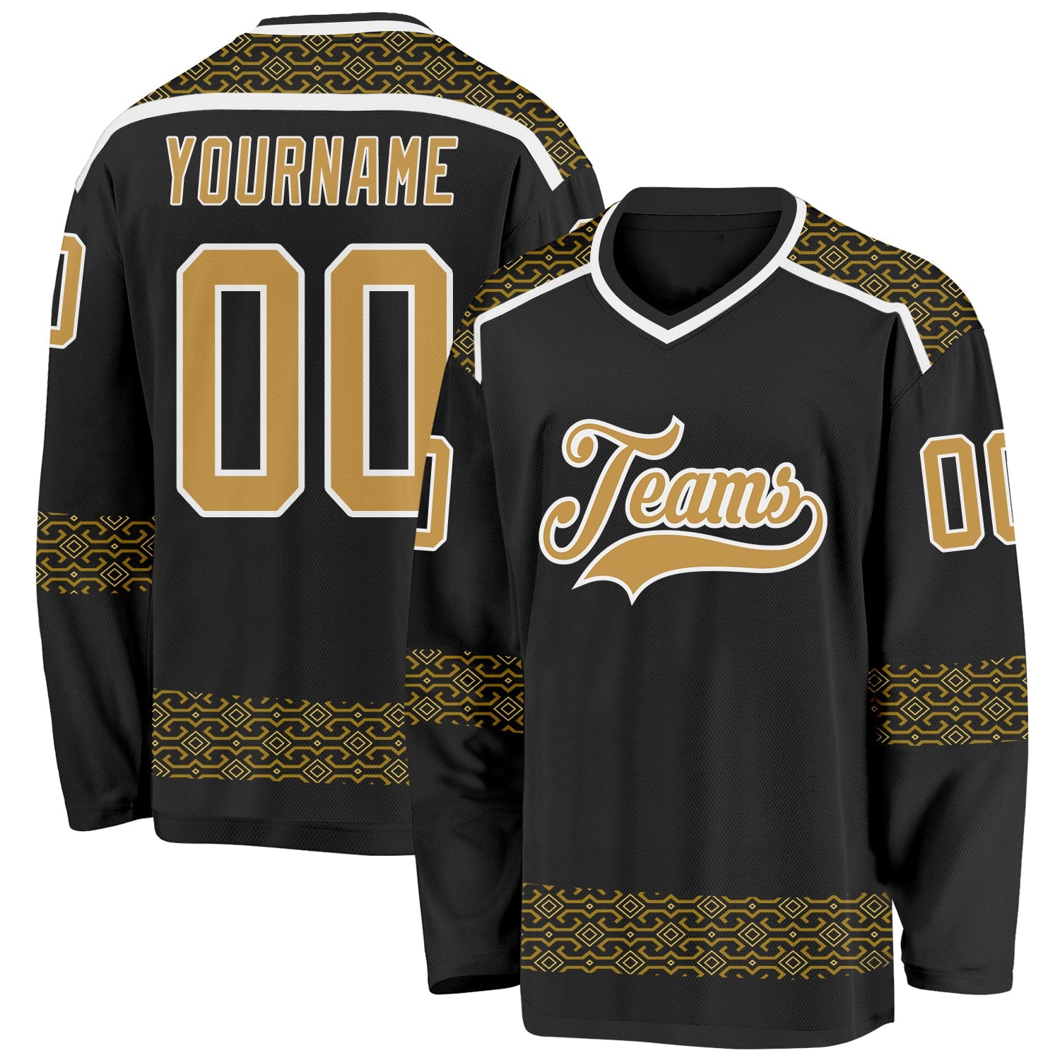 Custom Black Old Gold-White Plaid Hockey Jersey - Main View