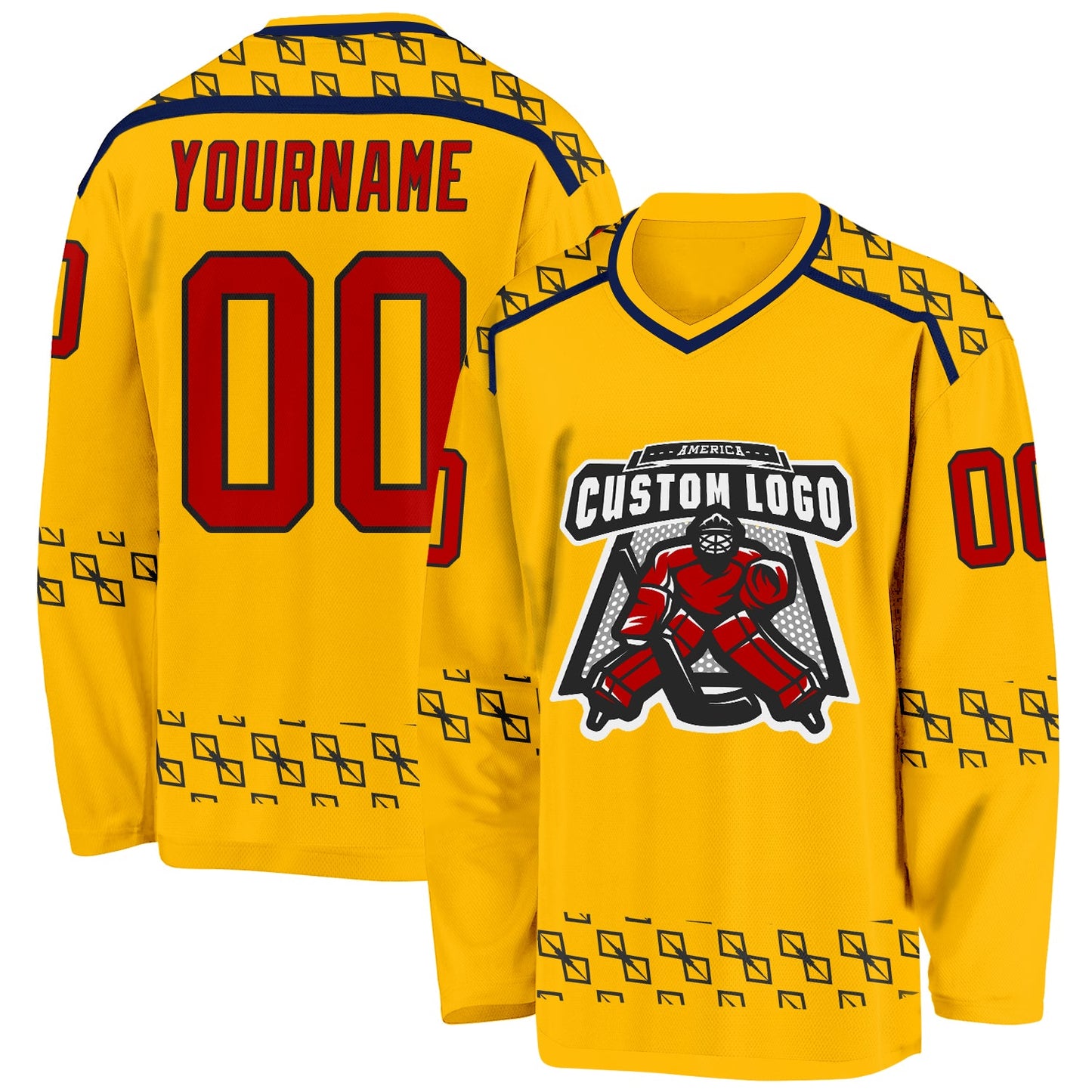 Custom Gold Red Navy-Black Plaid Hockey Jersey view 2