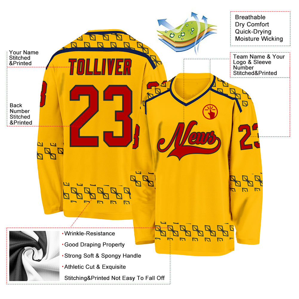 Custom Gold Red Navy-Black Plaid Hockey Jersey view 5