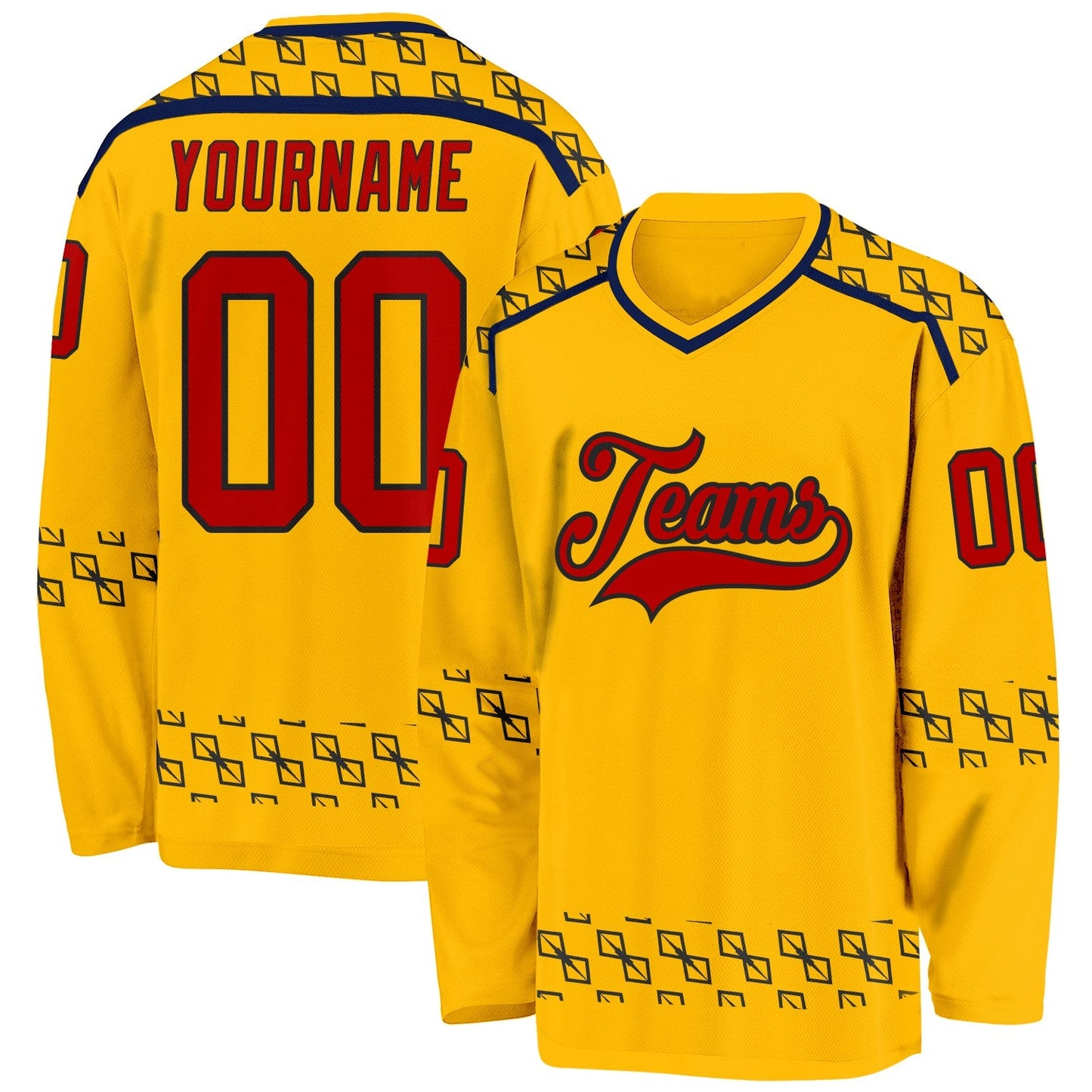 Custom Gold Red Navy-Black Plaid Hockey Jersey - Main View