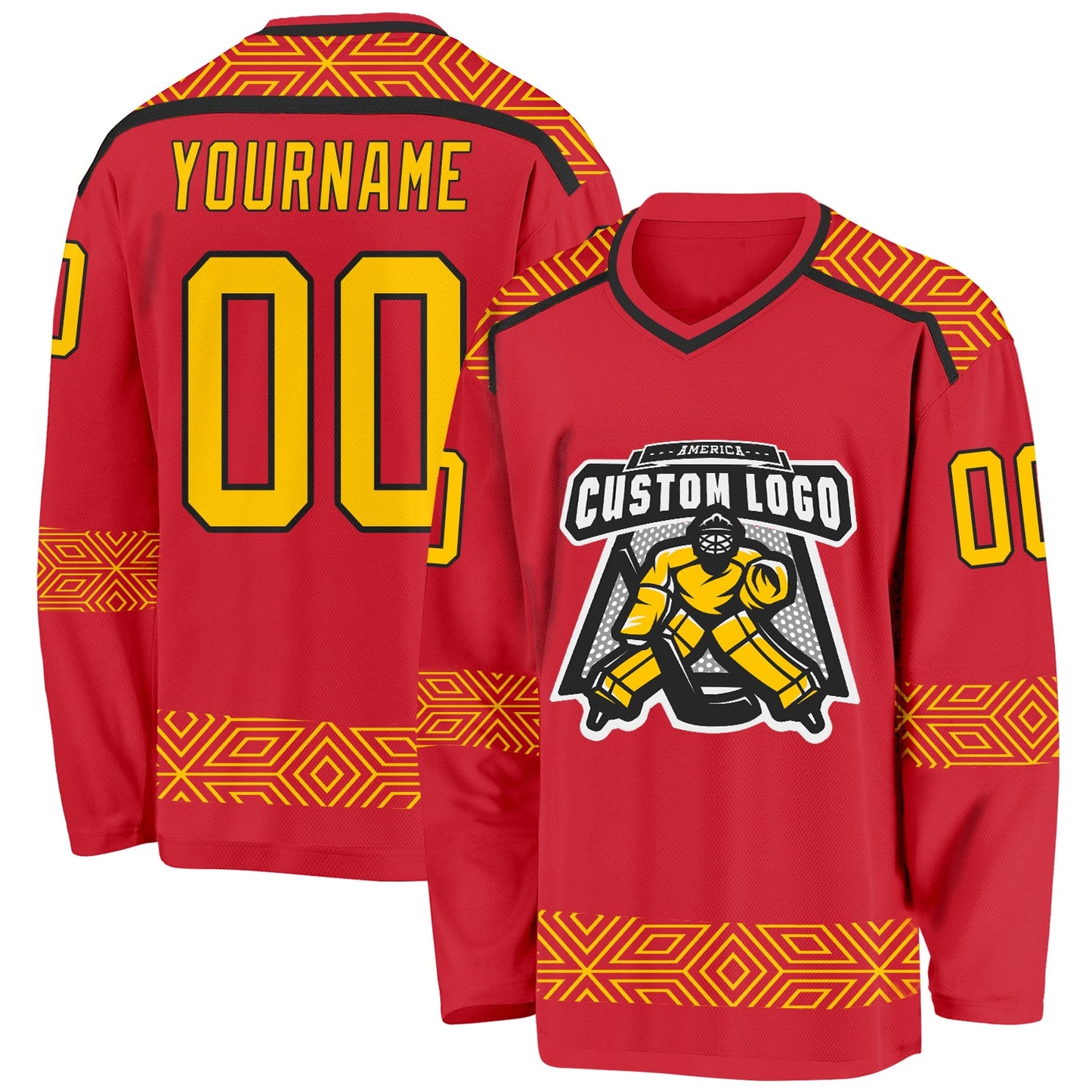 Custom Red Yellow-Black Plaid Hockey Jersey view 2
