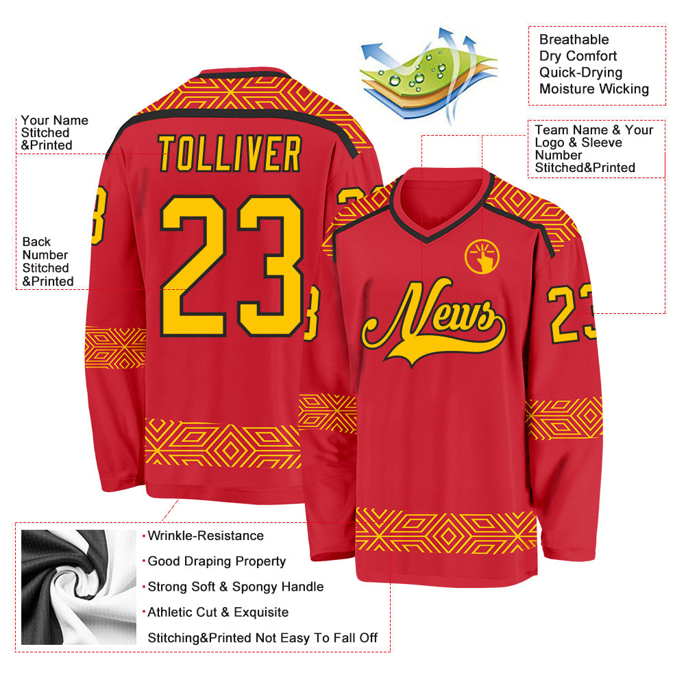 Custom Red Yellow-Black Plaid Hockey Jersey view 5