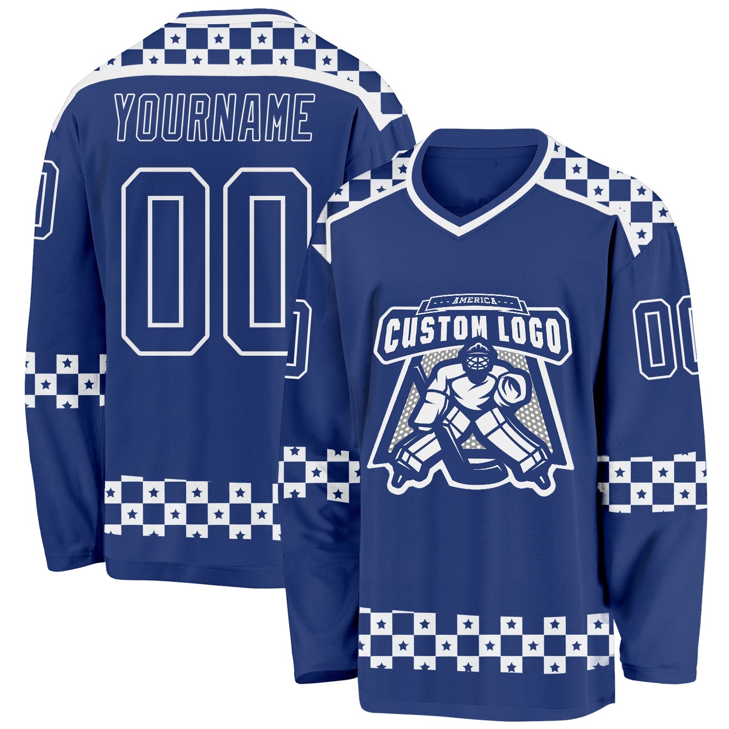 Custom Royal White Plaid Hockey Jersey view 2