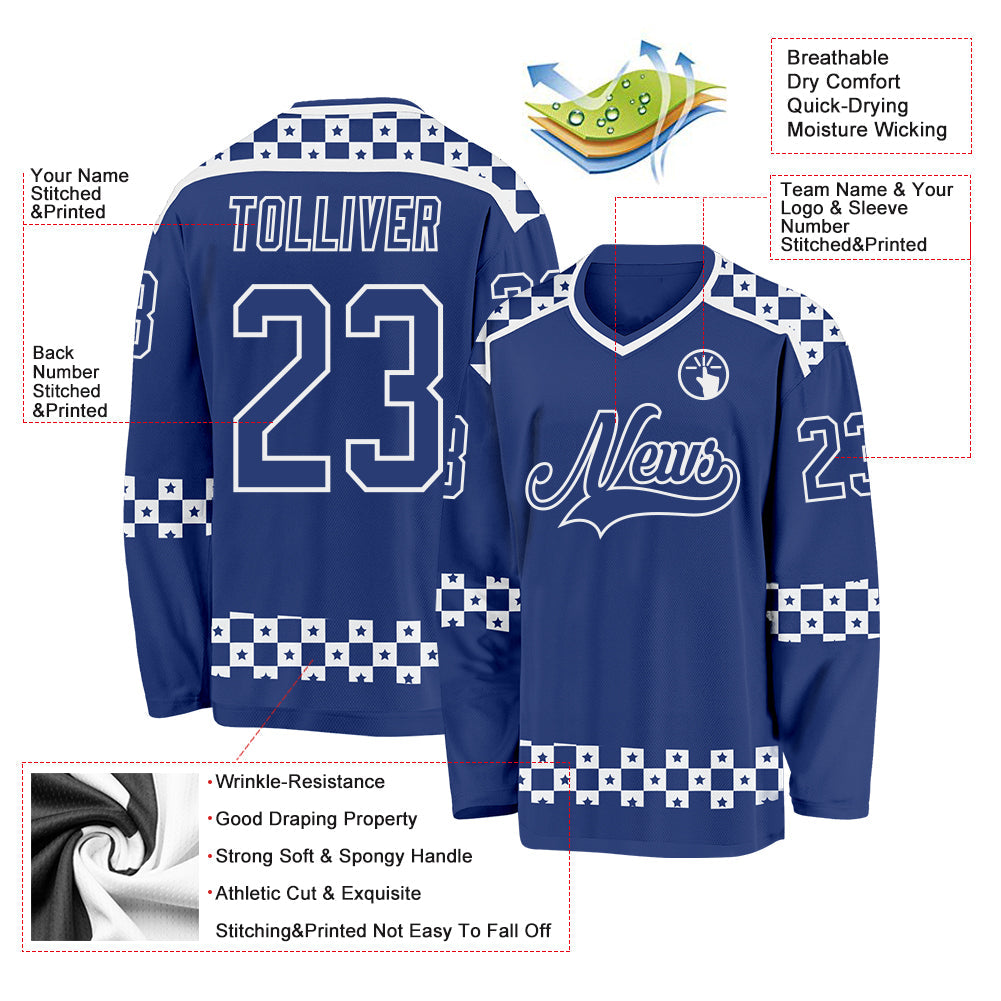 Custom Royal White Plaid Hockey Jersey view 5