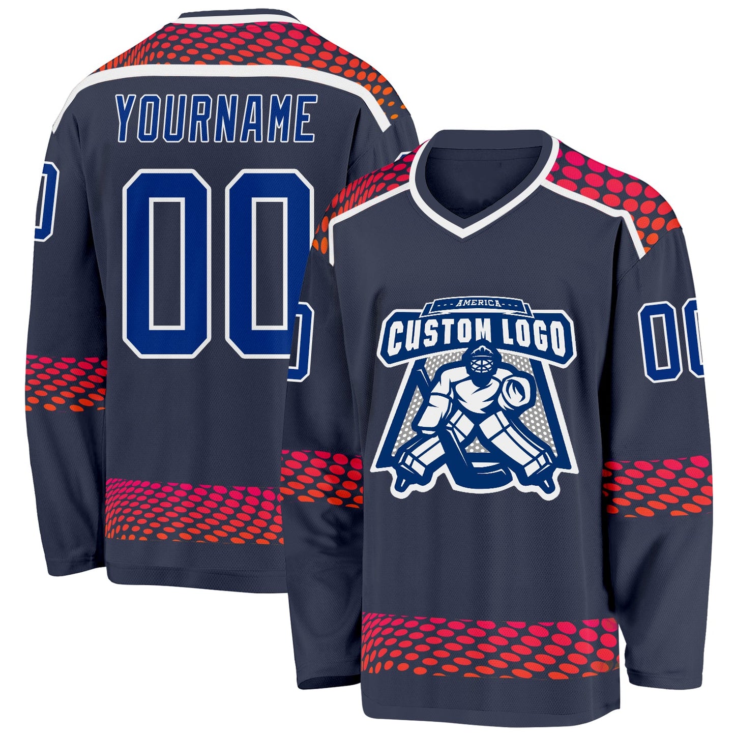 Custom Navy Royal Red-White Round Hockey Jersey view 2