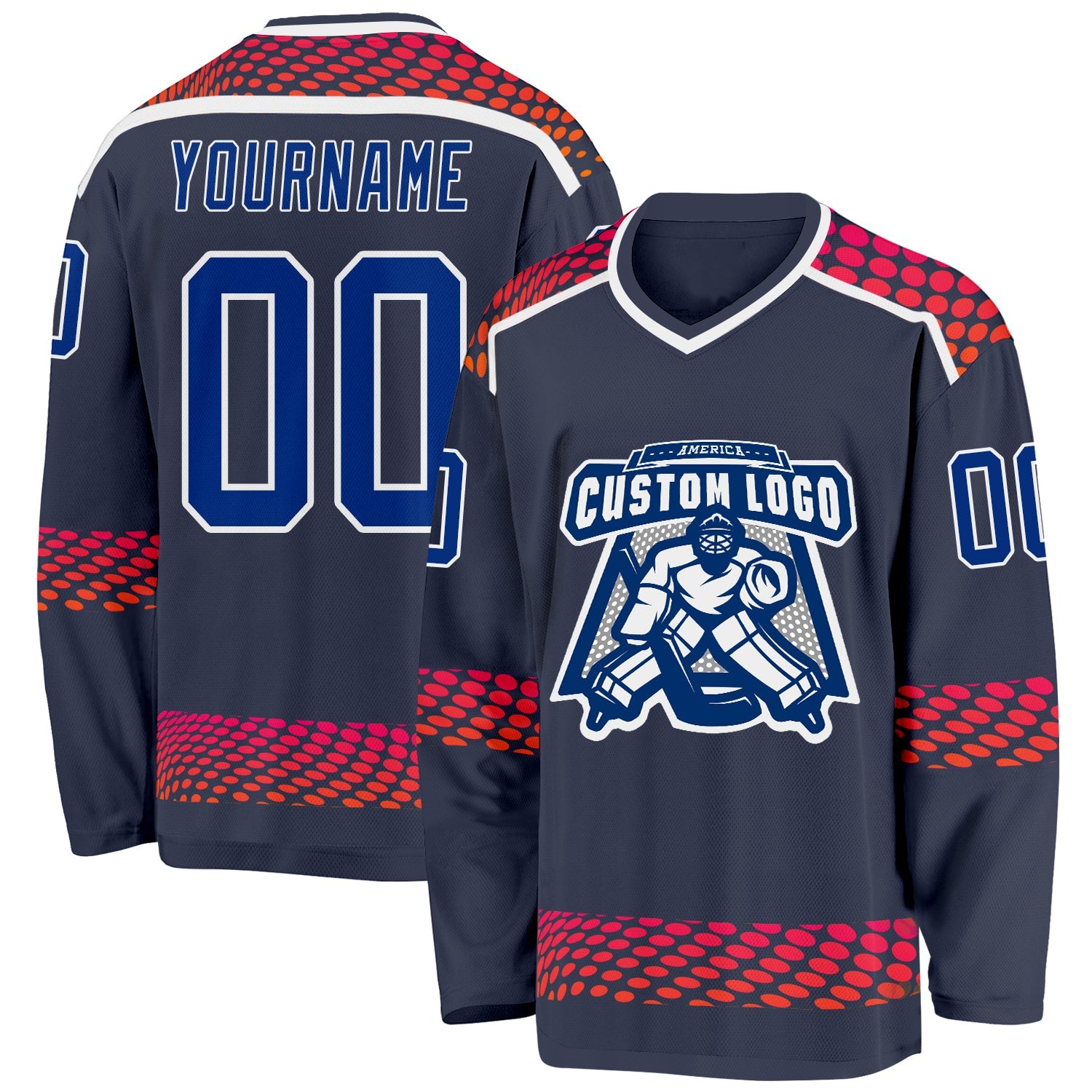 Custom Navy Royal Red-White Round Hockey Jersey view 2