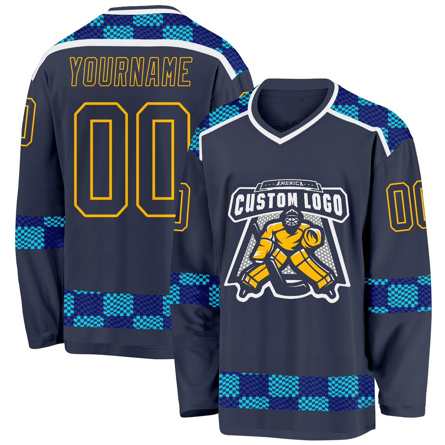 Custom Navy Blue Gold-White Plaid Hockey Jersey view 2