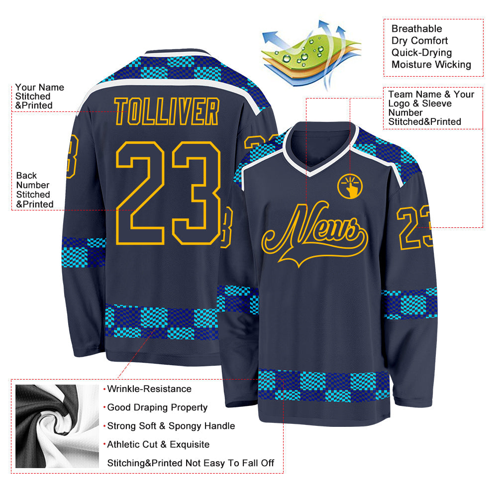 Custom Navy Blue Gold-White Plaid Hockey Jersey view 5