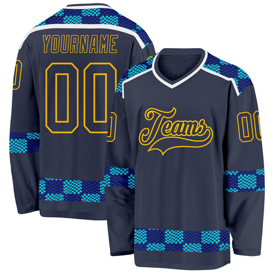 Custom Navy Blue Gold-White Plaid Hockey Jersey - Main View