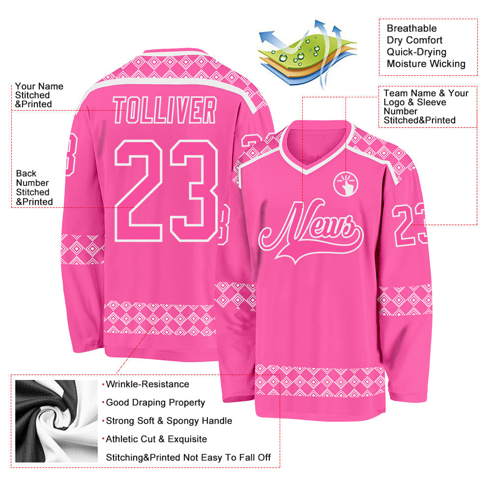 Custom Pink White Plaid Hockey Jersey view 5