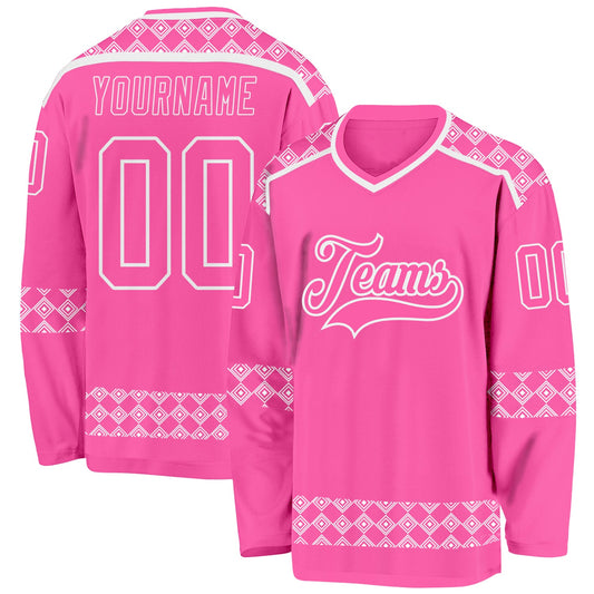 Custom Pink White Plaid Hockey Jersey - Main View