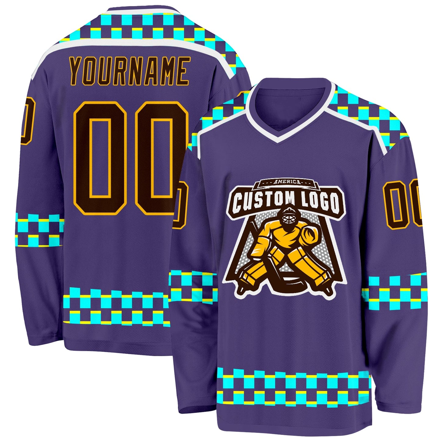 Custom Purple Brown Gold Blue Light Yellow-White Plaid Hockey Jersey view 2