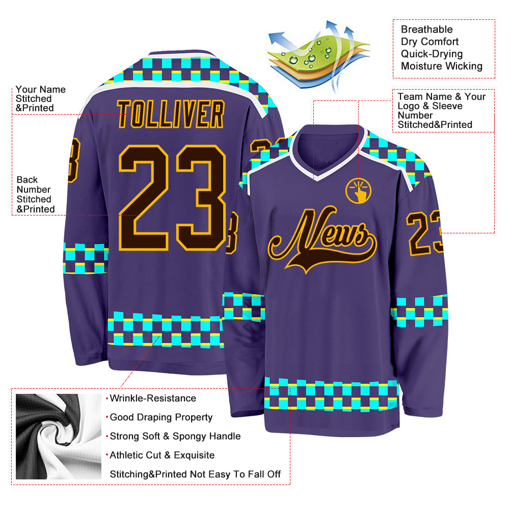 Custom Purple Brown Gold Blue Light Yellow-White Plaid Hockey Jersey view 5