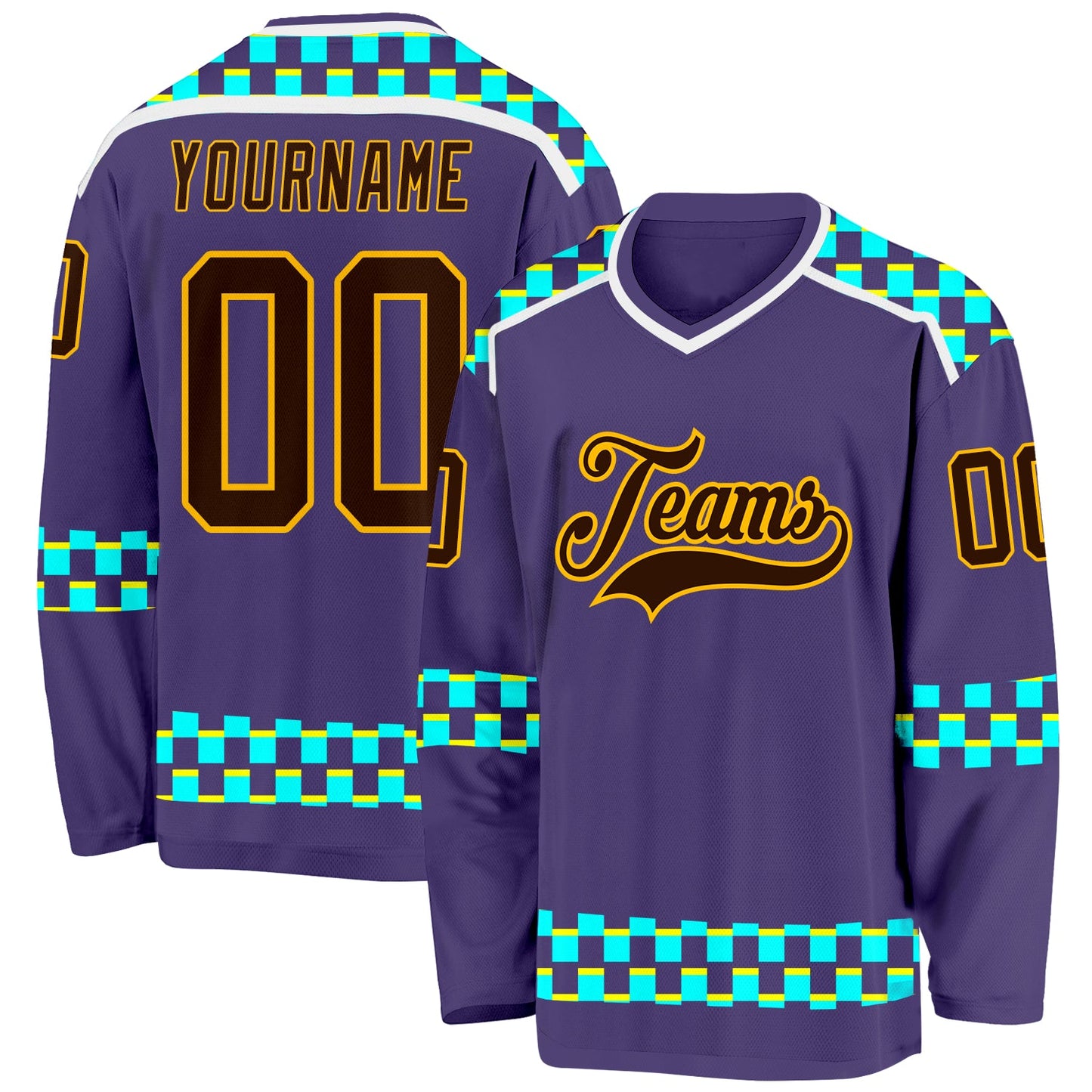 Custom Purple Brown Gold Blue Light Yellow-White Plaid Hockey Jersey - Main View