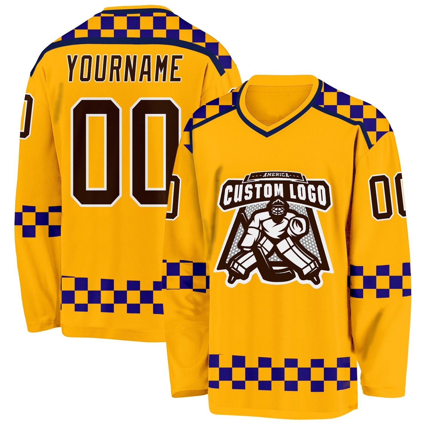 Custom Gold Brown Purple Navy-White Plaid Hockey Jersey view 2