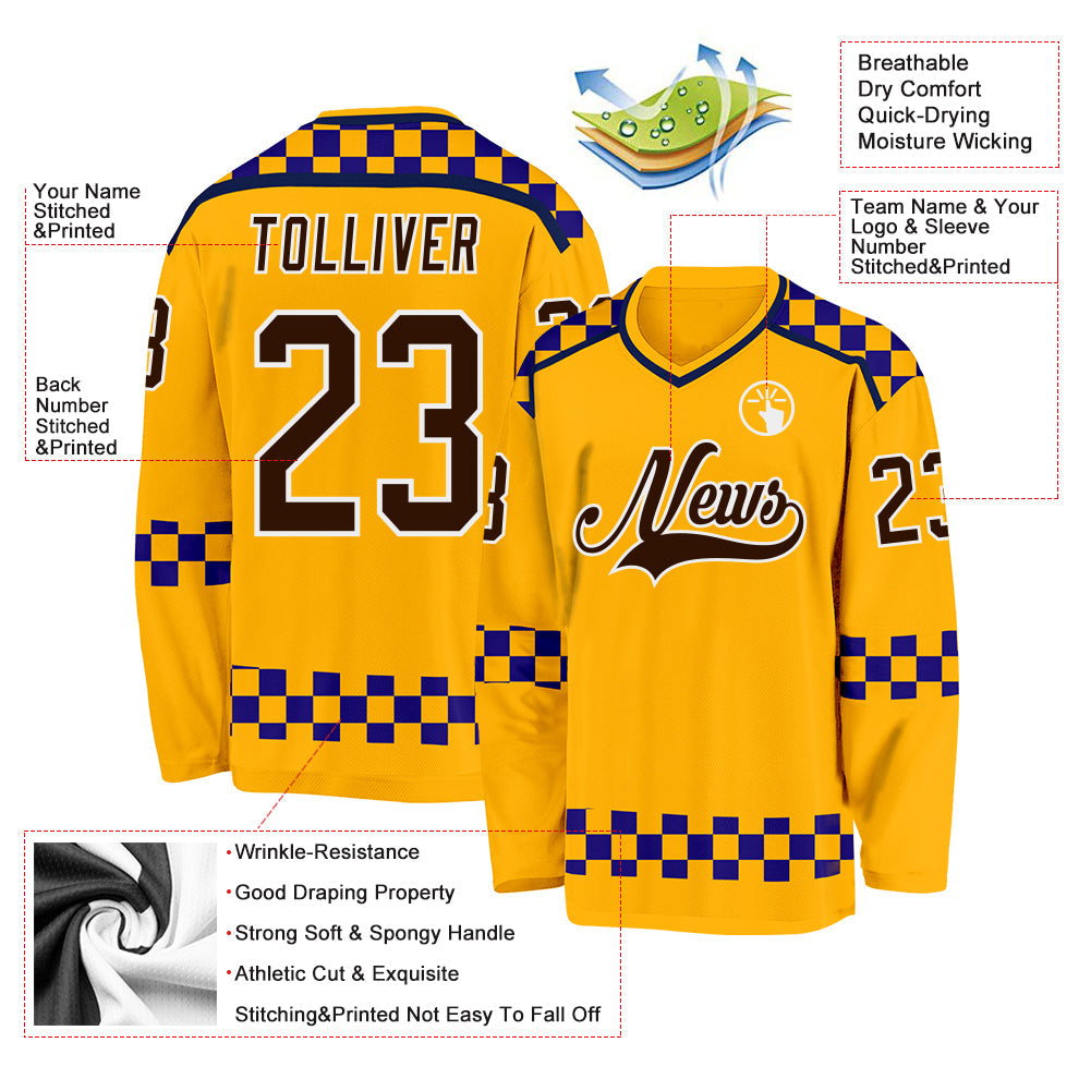 Custom Gold Brown Purple Navy-White Plaid Hockey Jersey view 5