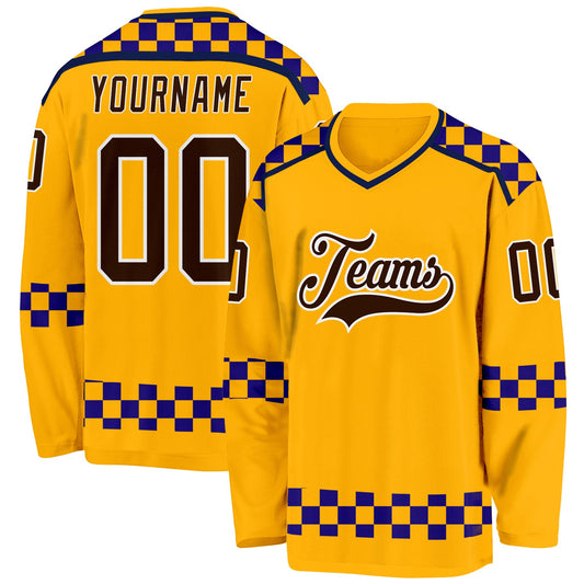 Custom Gold Brown Purple Navy-White Plaid Hockey Jersey - Main View