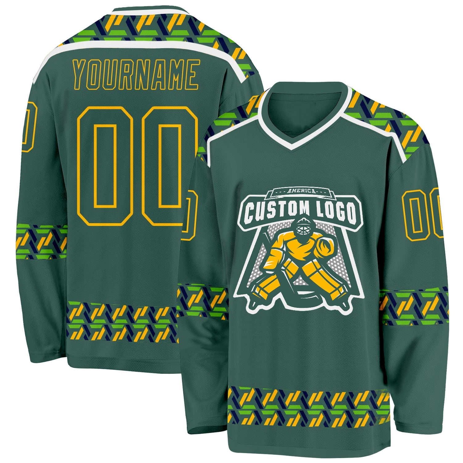 Custom Green Gold-White Plaid Hockey Jersey view 2