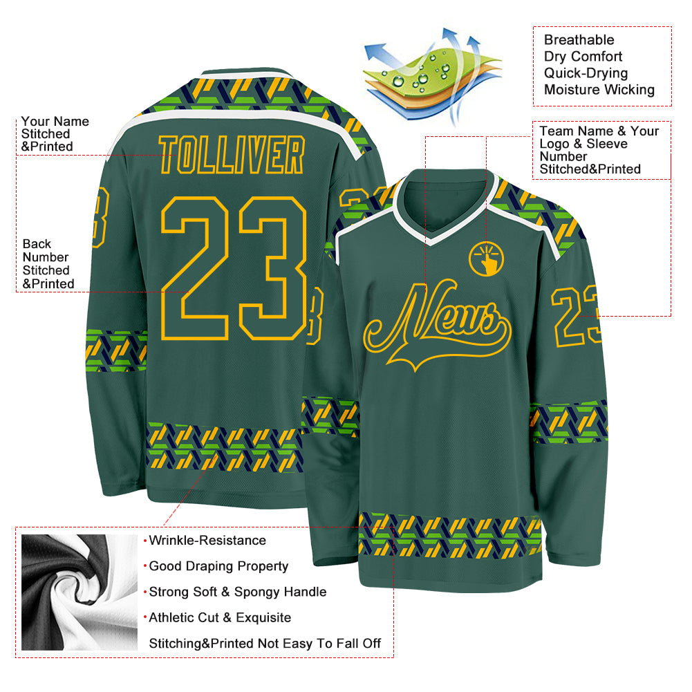 Custom Green Gold-White Plaid Hockey Jersey view 5