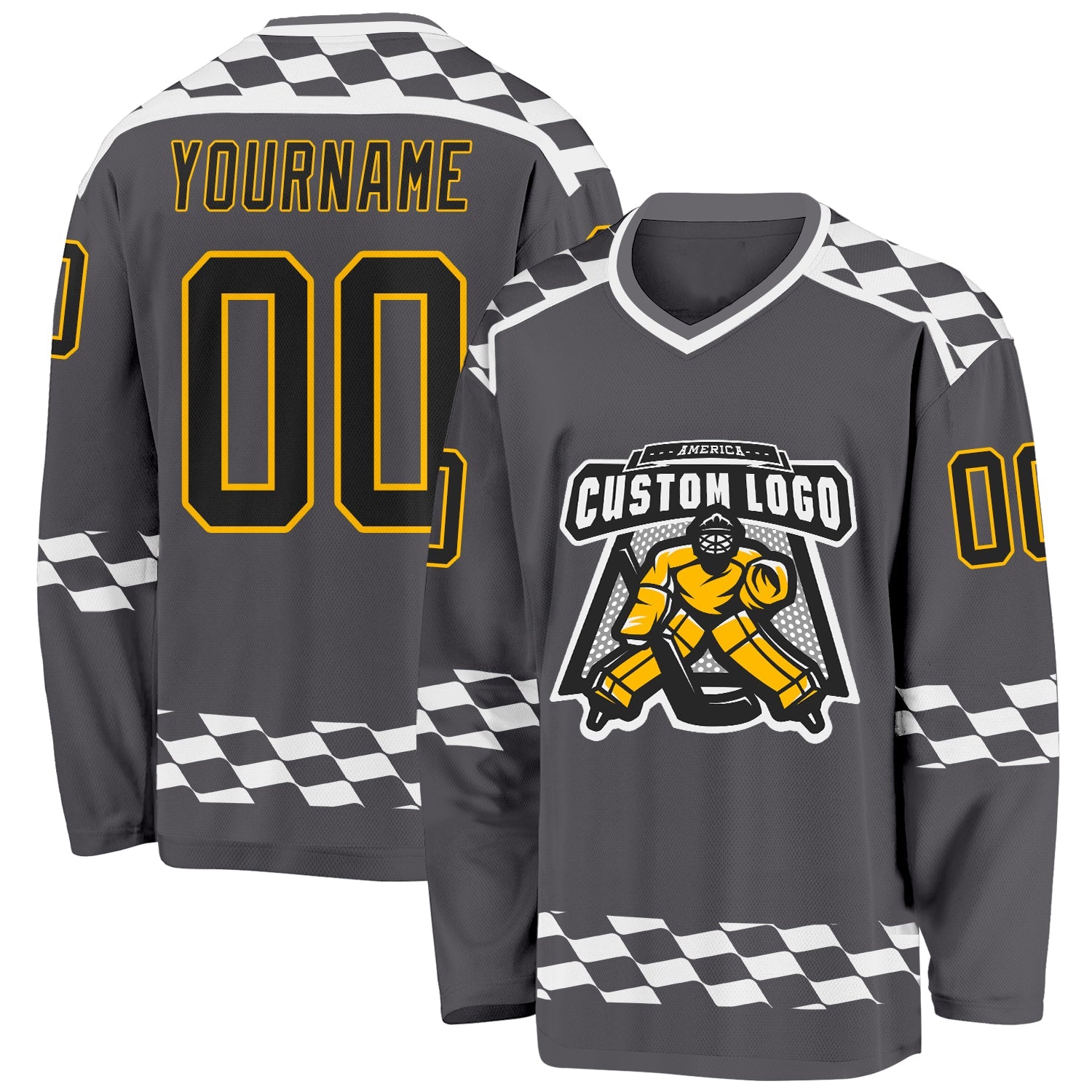 Custom Steel Gray Black Gold-White Plaid Hockey Jersey view 2