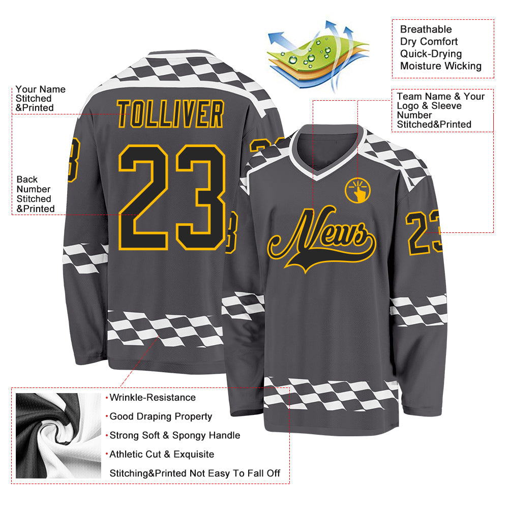 Custom Steel Gray Black Gold-White Plaid Hockey Jersey view 5
