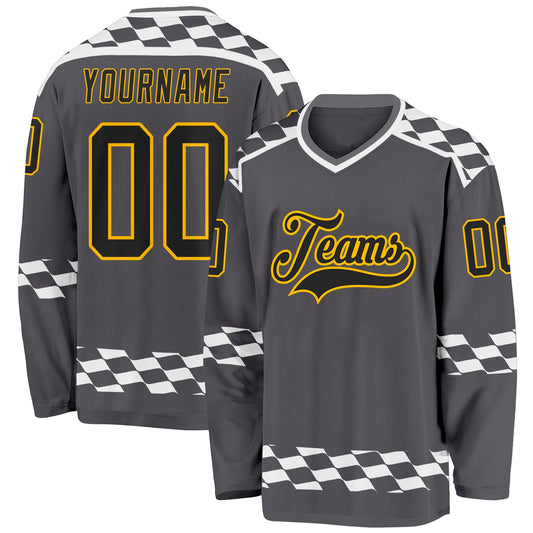 Custom Steel Gray Black Gold-White Plaid Hockey Jersey - Main View