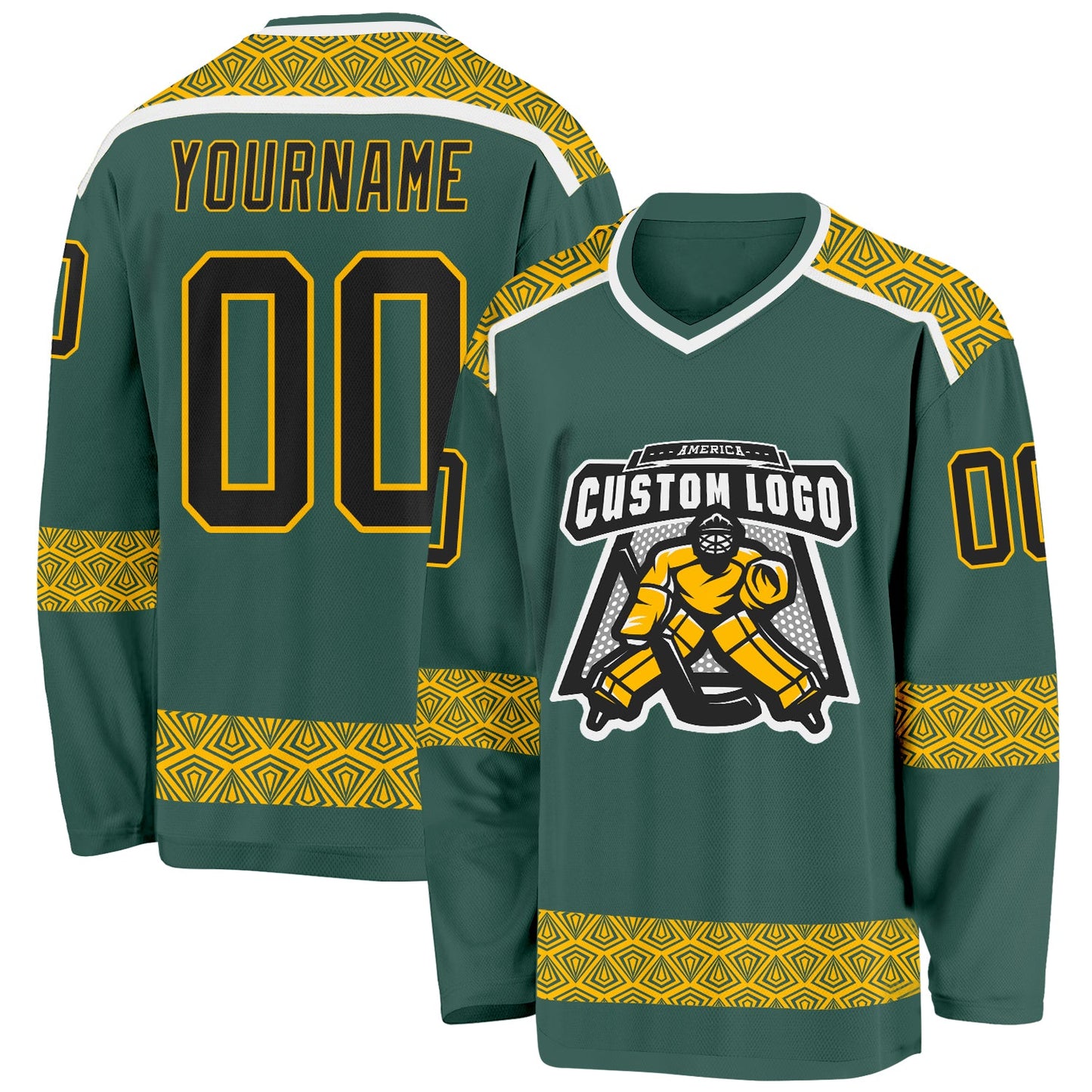 Custom Green Black Gold-White Plaid Hockey Jersey view 2