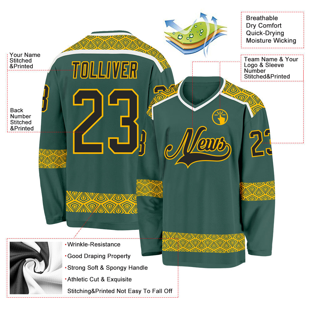 Custom Green Black Gold-White Plaid Hockey Jersey view 5