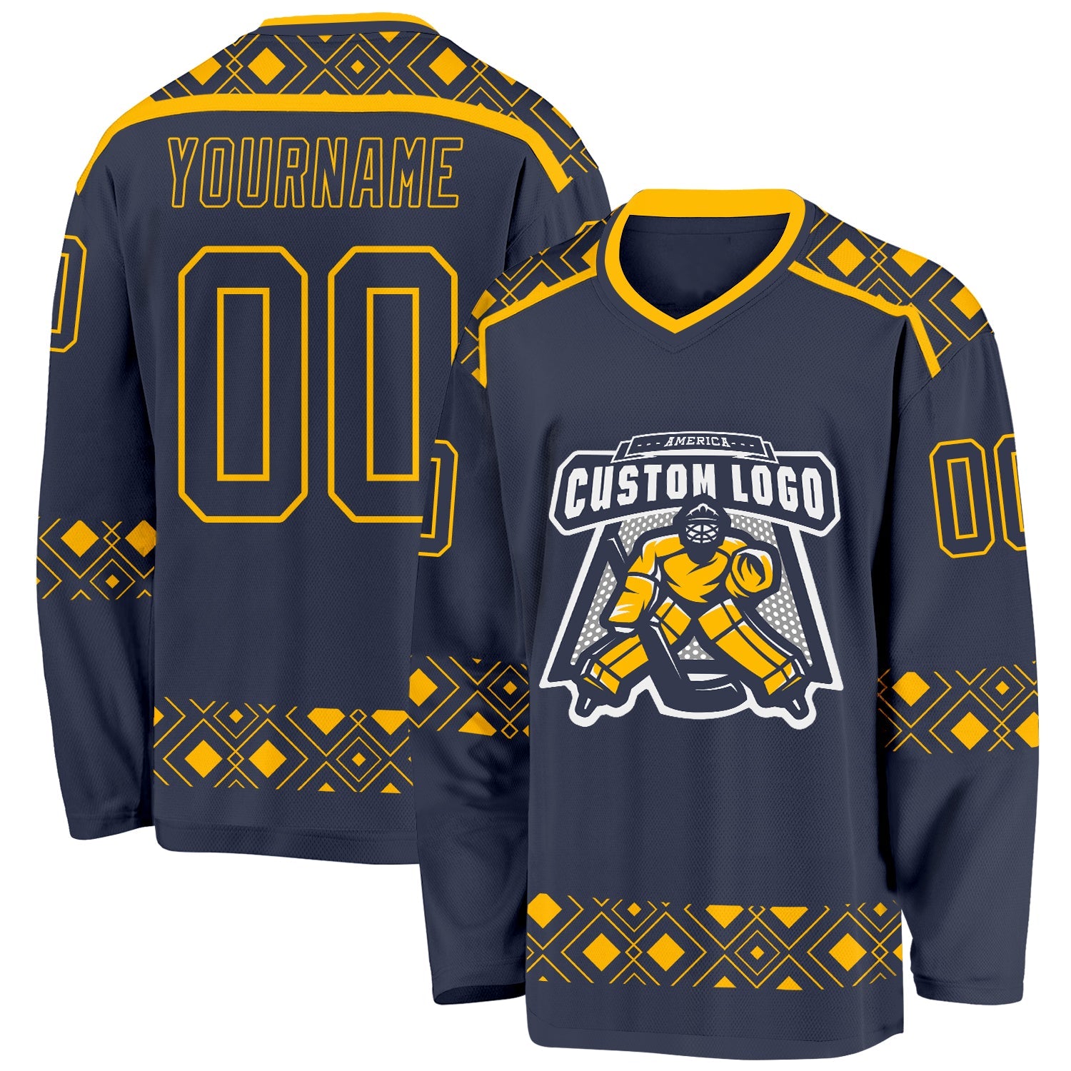 Custom Navy Gold Plaid Hockey Jersey view 2