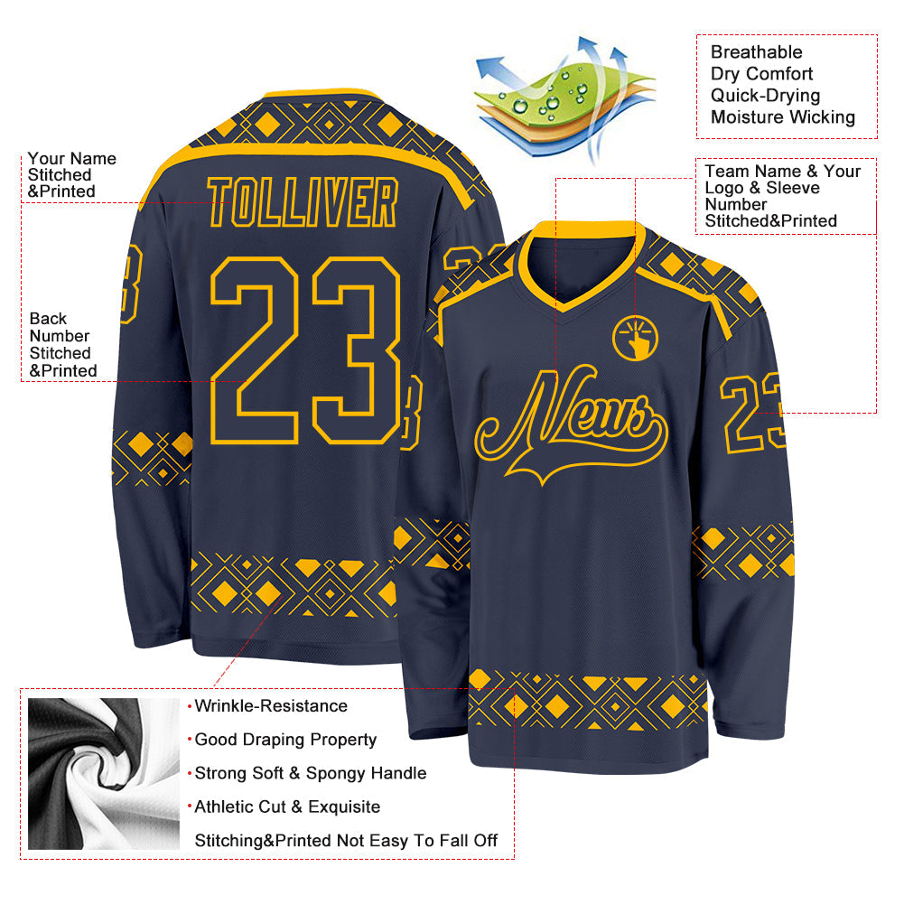 Custom Navy Gold Plaid Hockey Jersey view 5