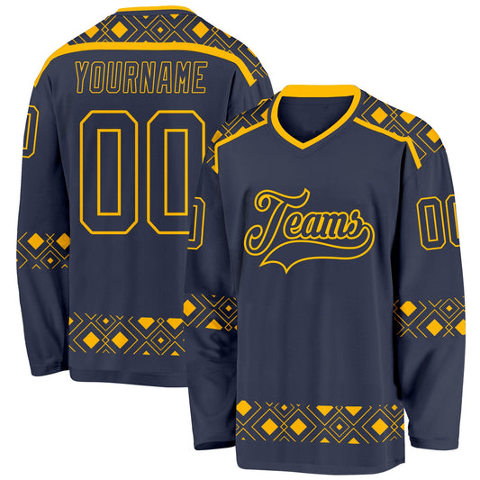 Custom Navy Gold Plaid Hockey Jersey - Main View