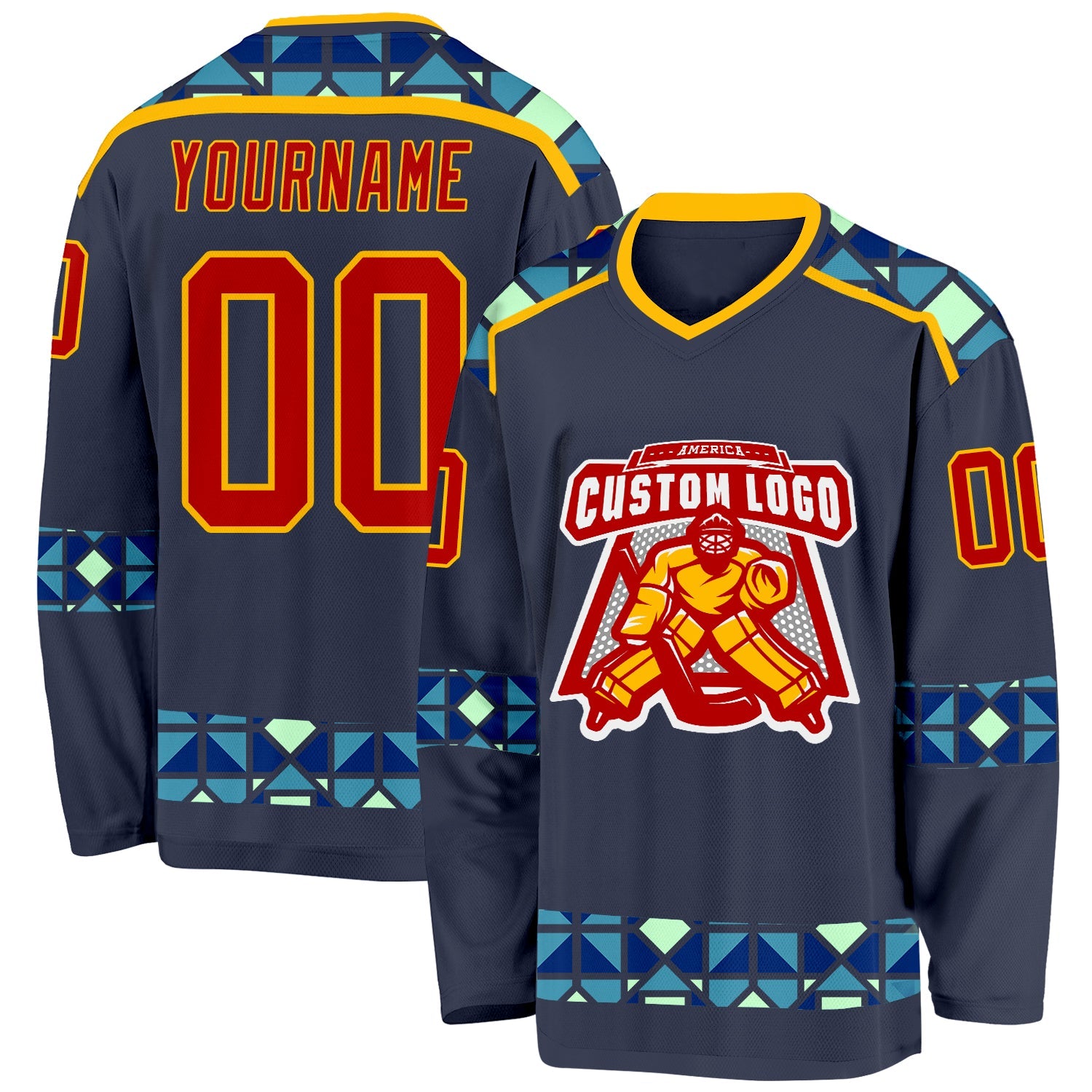 Custom Navy Red Blue Pea Green-Gold Plaid Hockey Jersey view 2