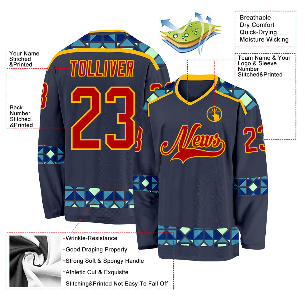 Custom Navy Red Blue Pea Green-Gold Plaid Hockey Jersey view 5