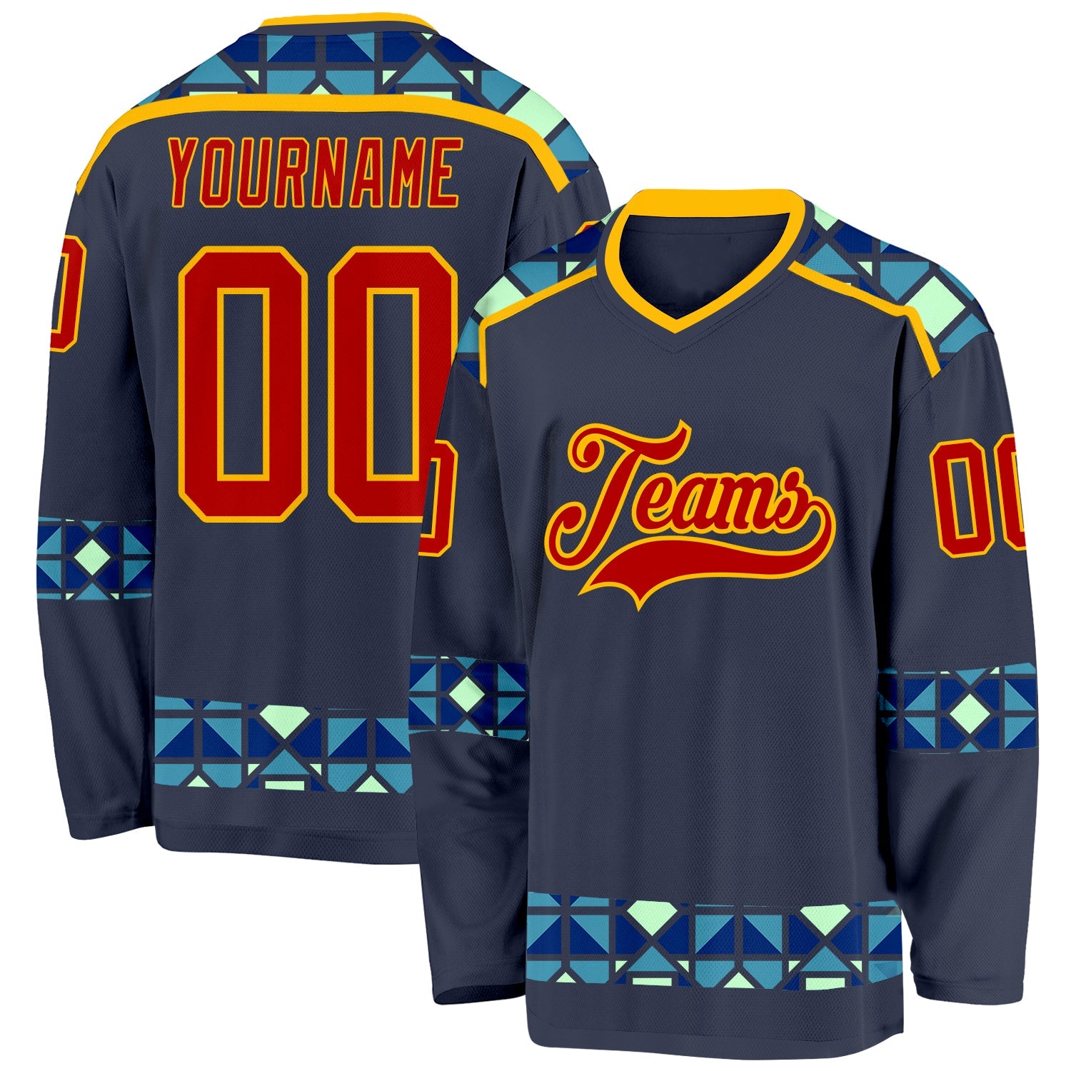 Custom Navy Red Blue Pea Green-Gold Plaid Hockey Jersey - Main View