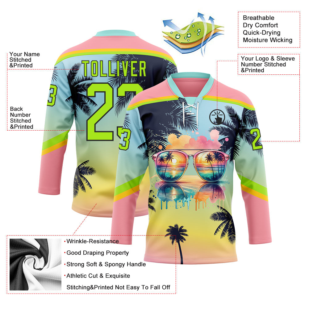 Custom Medium Pink Neon Green Yellow-Black Gradient Hawaii Tropical Palm Trees Hockey Lace Neck Jersey view 4