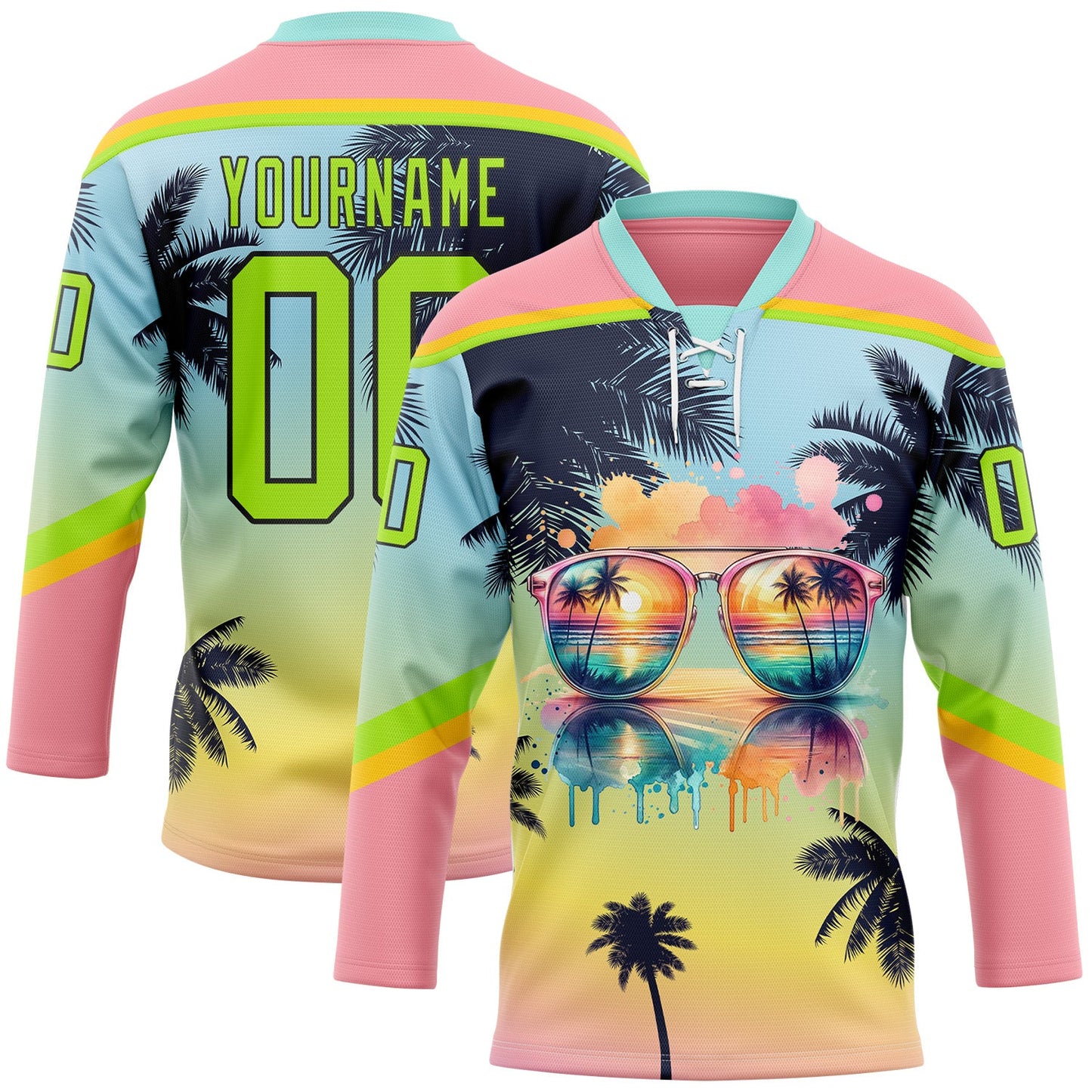 Custom Medium Pink Neon Green Yellow-Black Gradient Hawaii Tropical Palm Trees Hockey Lace Neck Jersey - Main View