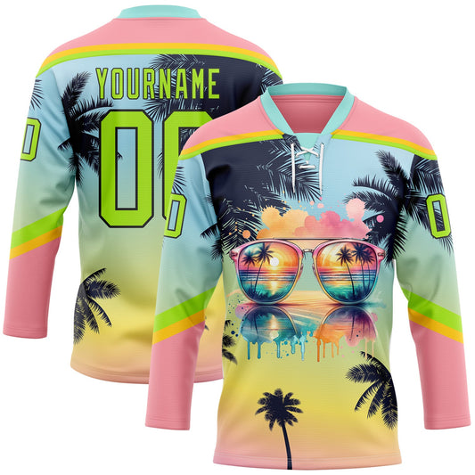 Custom Medium Pink Neon Green Yellow-Black Gradient Hawaii Tropical Palm Trees Hockey Lace Neck Jersey - Main View