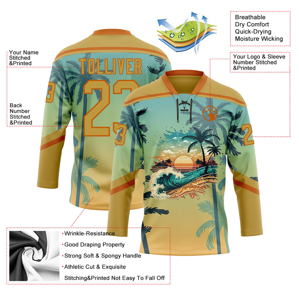 Custom Old Gold Blue-Texas Orange Gradient Hawaii Tropical Palm Trees Hockey Lace Neck Jersey view 4