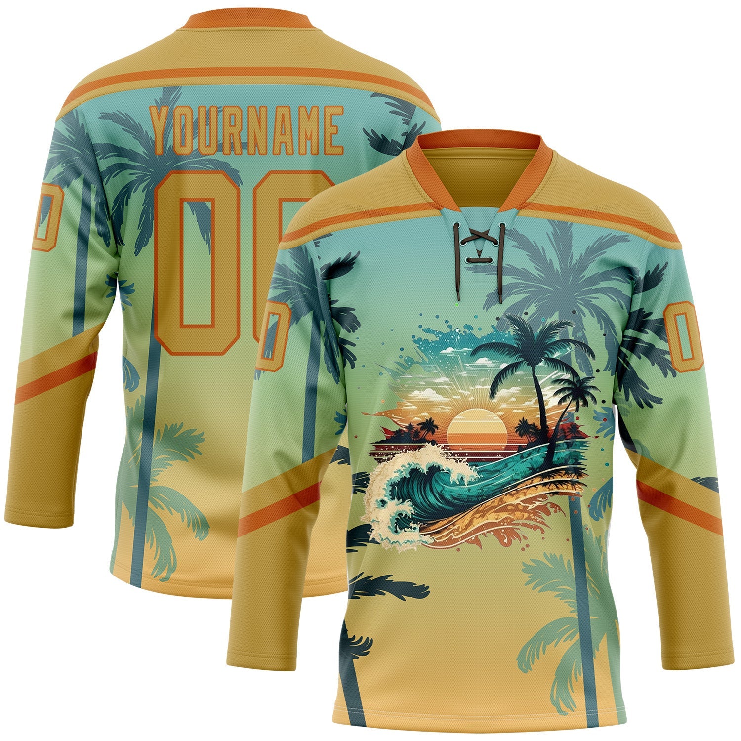 Custom Old Gold Blue-Texas Orange Gradient Hawaii Tropical Palm Trees Hockey Lace Neck Jersey - Main View