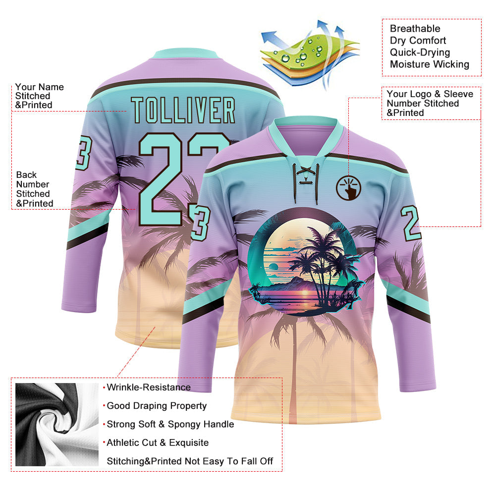 Custom Light Purple Ice Blue-Brown Gradient Hawaii Tropical Palm Trees Hockey Lace Neck Jersey view 4