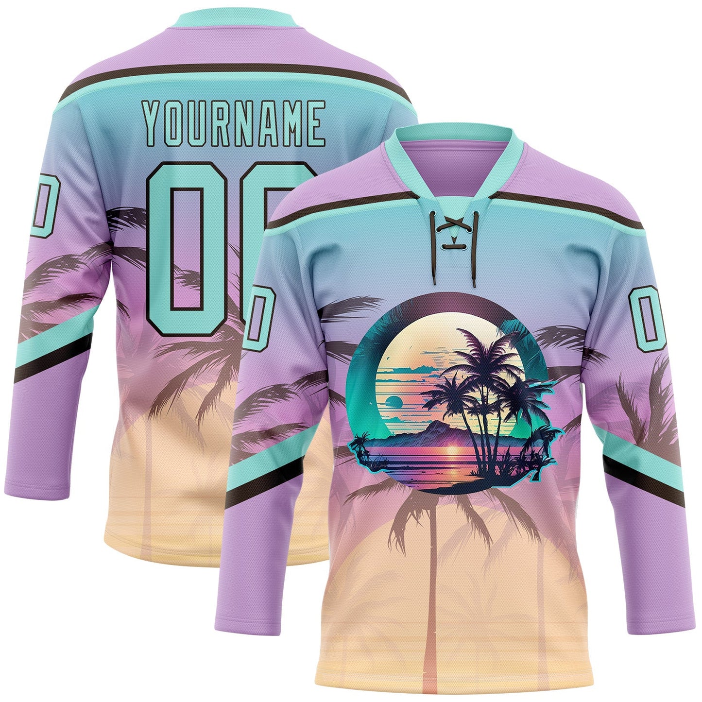 Custom Light Purple Ice Blue-Brown Gradient Hawaii Tropical Palm Trees Hockey Lace Neck Jersey - Main View