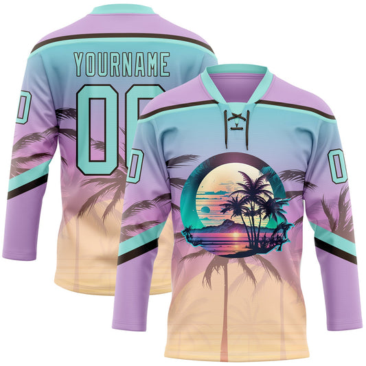 Custom Light Purple Ice Blue-Brown Gradient Hawaii Tropical Palm Trees Hockey Lace Neck Jersey - Main View