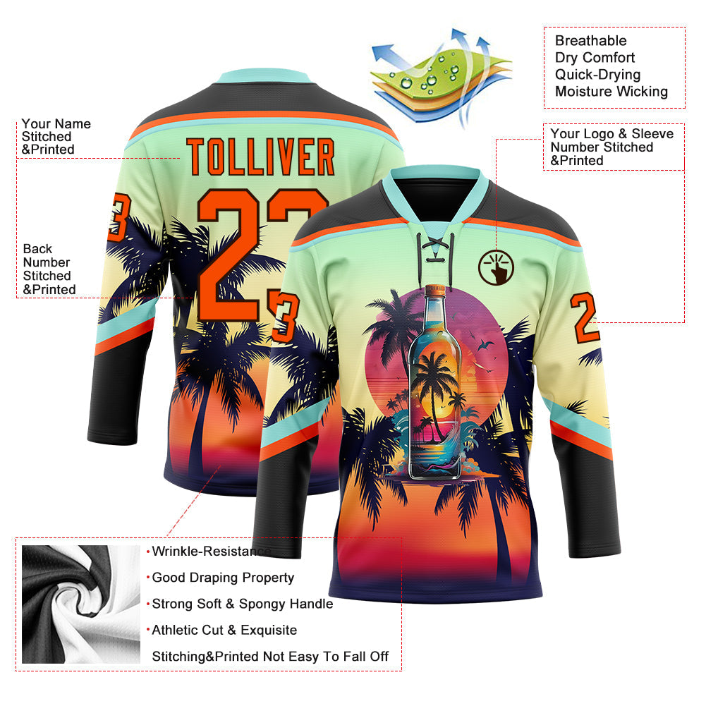 Custom Black Orange Ice Blue-Brown Gradient Hawaii Tropical Palm Trees Hockey Lace Neck Jersey view 4