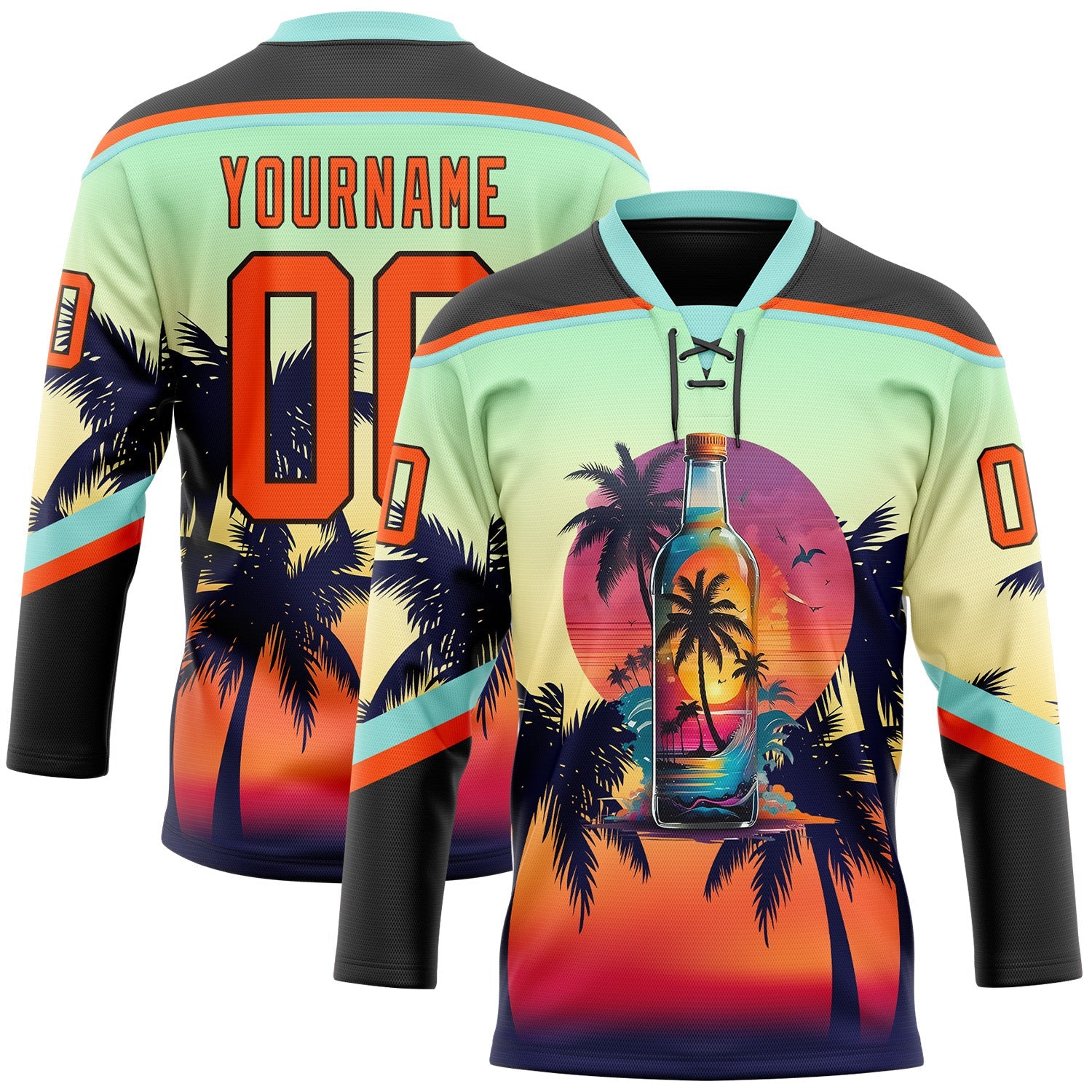 Custom Black Orange Ice Blue-Brown Gradient Hawaii Tropical Palm Trees Hockey Lace Neck Jersey - Main View