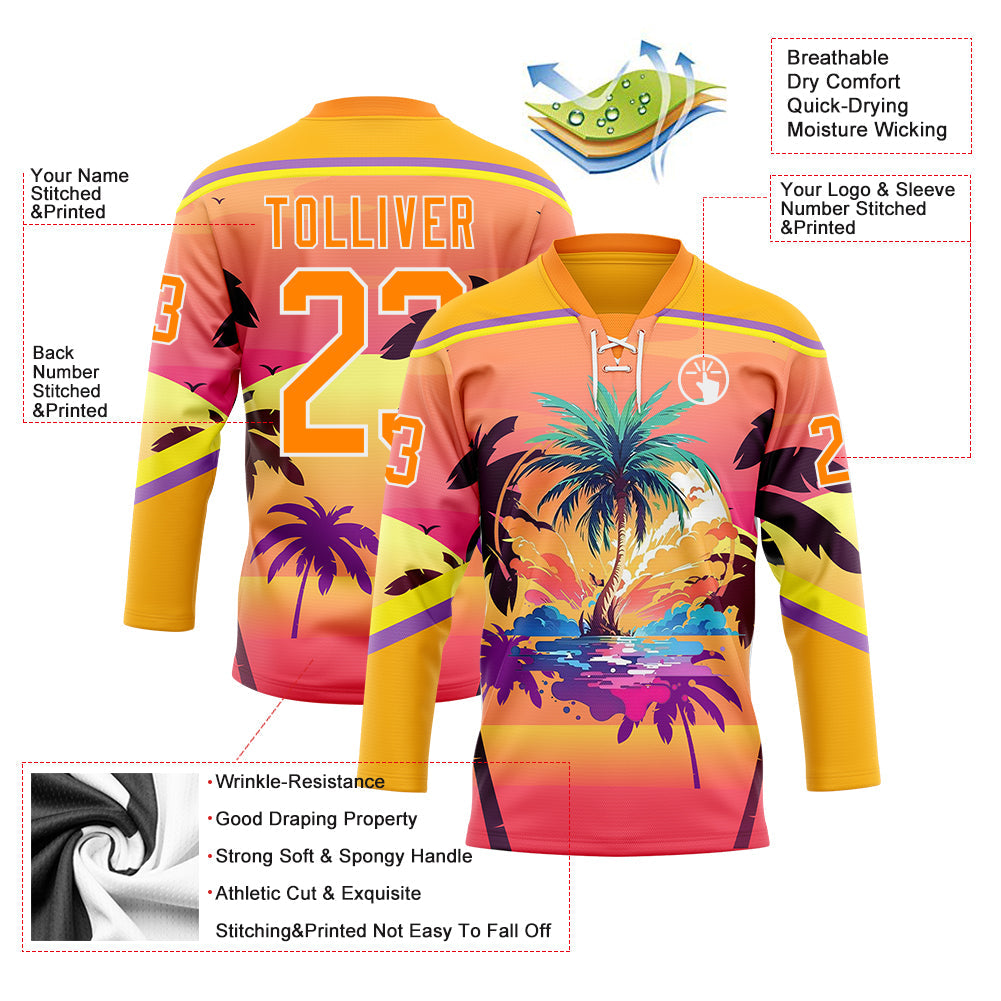 Custom Yellow Bay Orange Medium Purple-White Gradient Hawaii Tropical Palm Trees Hockey Lace Neck Jersey view 4