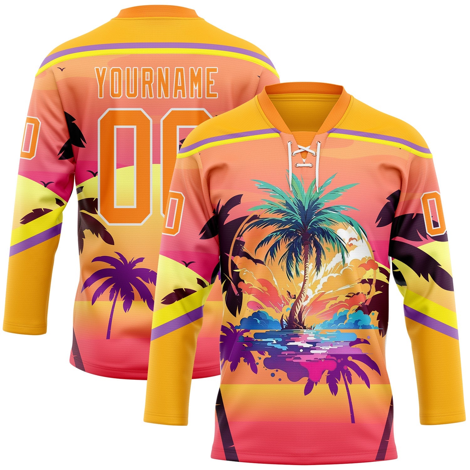 Custom Yellow Bay Orange Medium Purple-White Gradient Hawaii Tropical Palm Trees Hockey Lace Neck Jersey - Main View