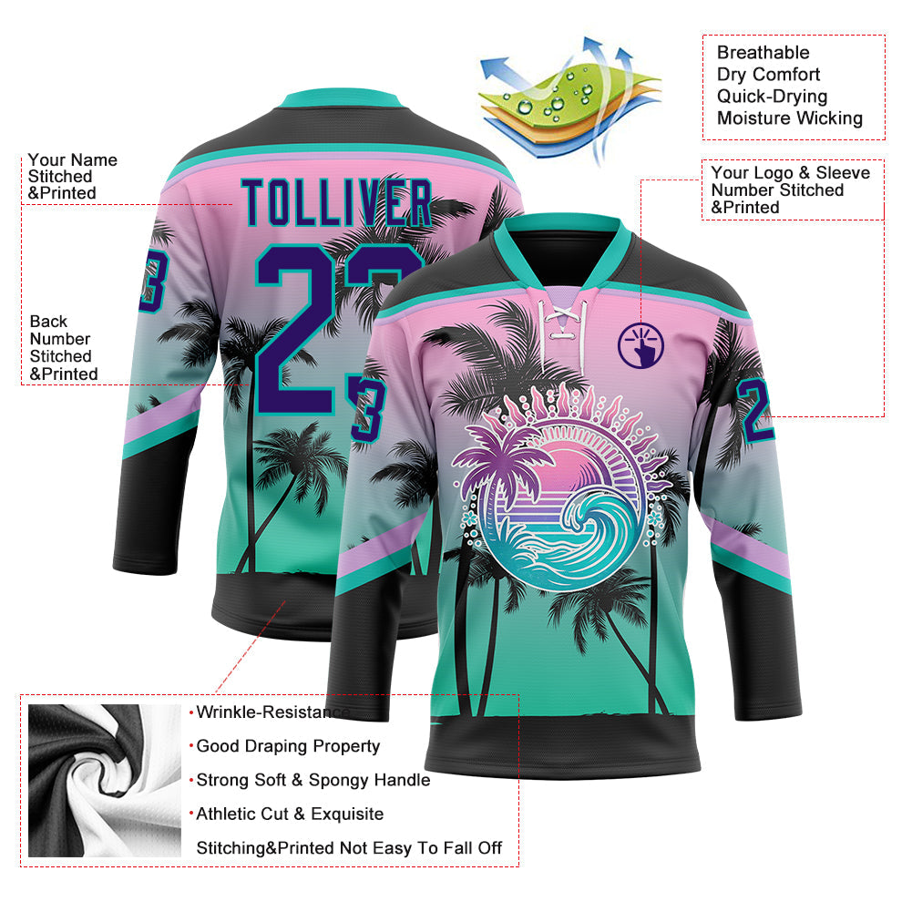 Custom Black Purple Pink-Aqua Gradient Hawaii Tropical Palm Trees Hockey Lace Neck Jersey view 4