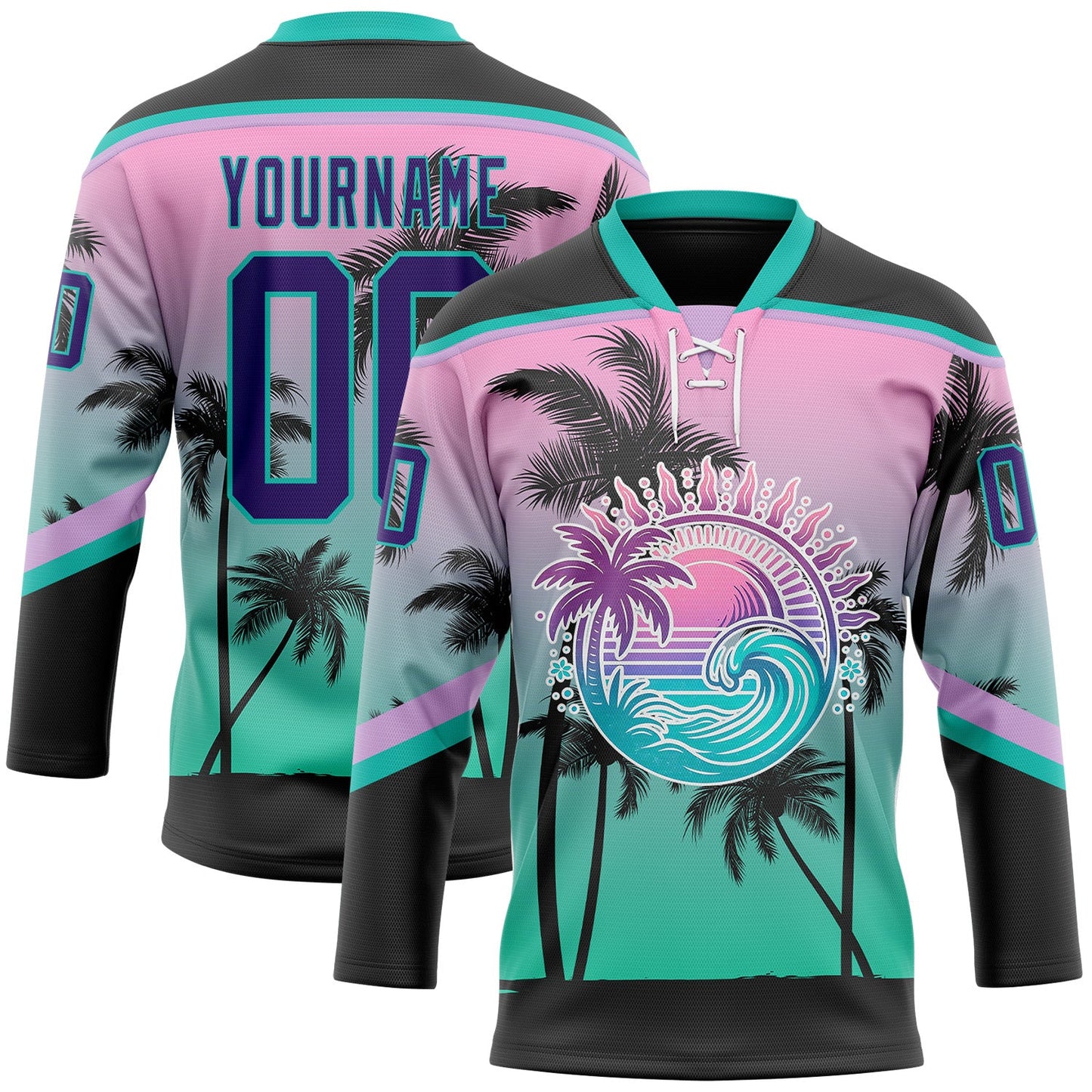 Custom Black Purple Pink-Aqua Gradient Hawaii Tropical Palm Trees Hockey Lace Neck Jersey - Main View