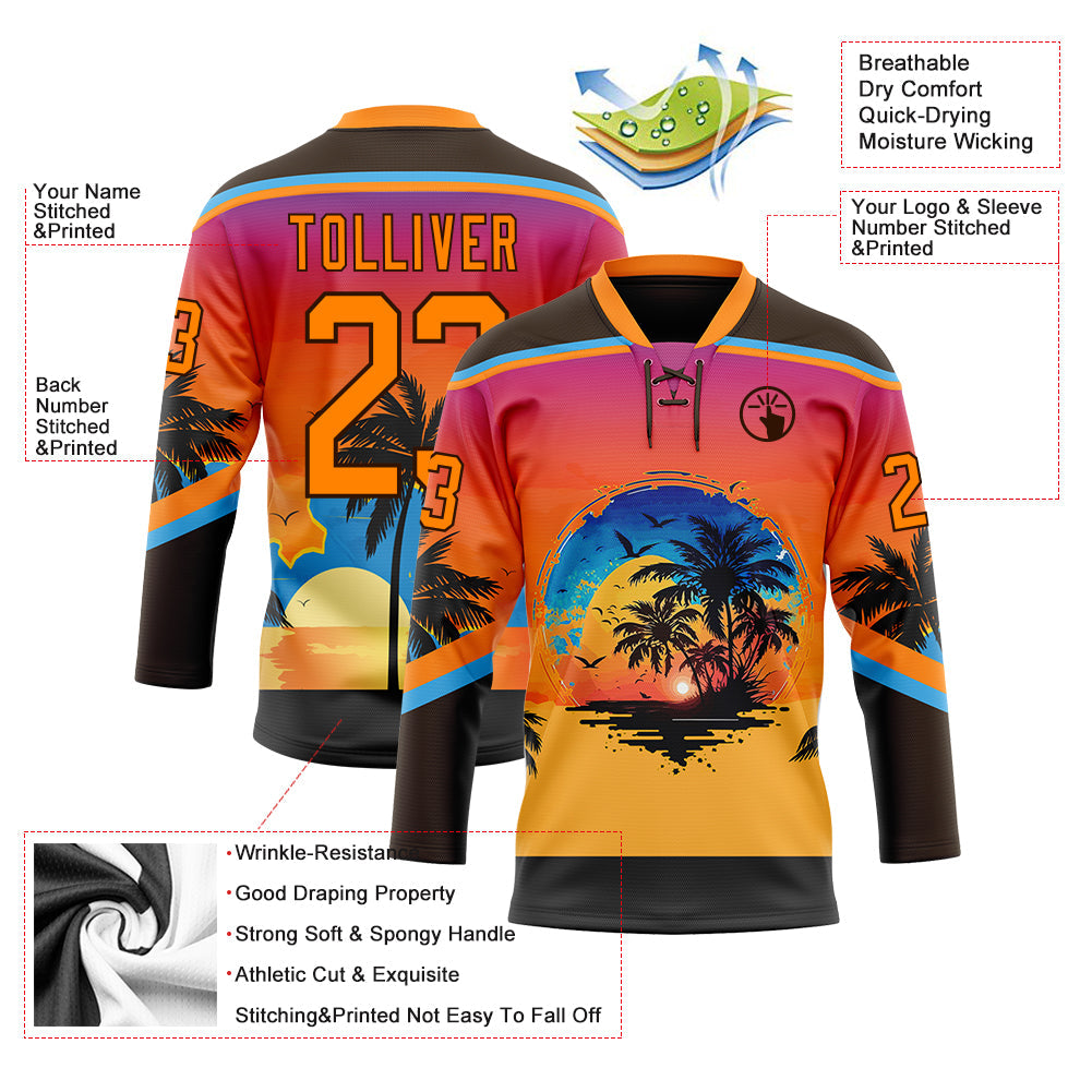 Custom Brown Bay Orange Yellow-Sky Blue Gradient Hawaii Tropical Palm Trees Hockey Lace Neck Jersey view 4